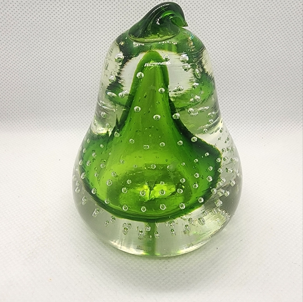 Glass Paperweight Pear Shape Green & Clear Glass with Air Bubbles - Picture 9 of 10